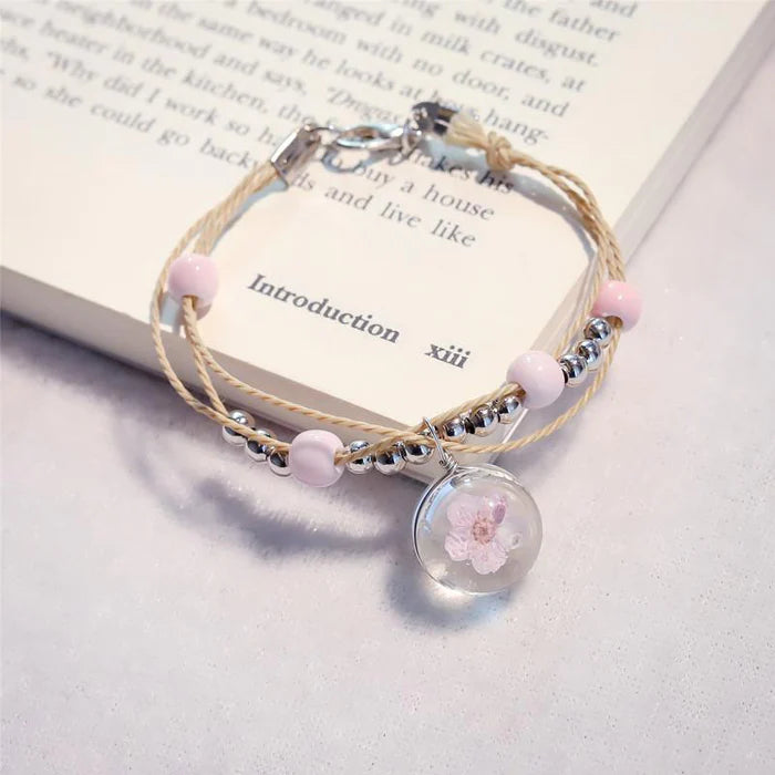 Handrope Peach Blossom Pearl Bracelet, Handwoven Ceramic Beads Glass Dry Flower Bracelet, Dry Flower Bracelet, Colorful Transparent Ball Eternal Flower Bracelet Handrope Peach Blossom Pearl Bracelet, Handwoven Ceramic Beads Glass Dry Flower Bracelet, Dry Flower Bracelet, Colorful Transparent Ball Eternal Flower Bracelet